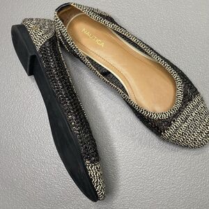 NAUTICA Arina Flats Slip On Ballet Woven Jute Casual Shoes Womens 8.5 Black Tan